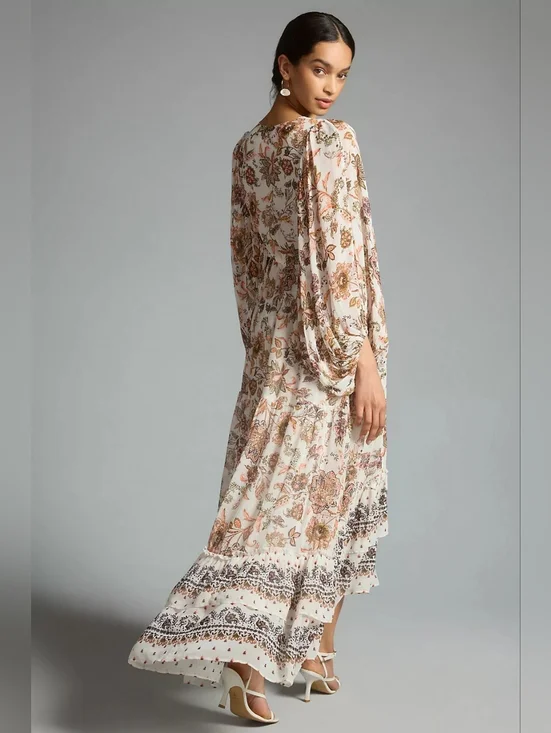 Anthropologie Boho Floral Maxi Dress Balloon Sleeve V-Neck Size SP - Picture 2 of 7